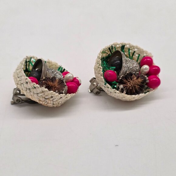 Vintage Christmas Clip-On Earrings With Bells & Glitter Accents - Picture 2 of 7